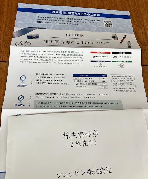 シュッピン　株主優待　3枚 シュッピンさんから株主優待クーポンが届きました